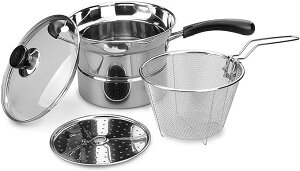 ザル付片手鍋(蒸しトレー付き) 深型片手鍋 パスタ 蕎麦 ラーメン 鍋,多用途お鍋蒸気、麺を調理する、天ぷら22cm ガラス蓋付 ステンレス製 まいにち使いの多用途お鍋 ふきこぼれない IH