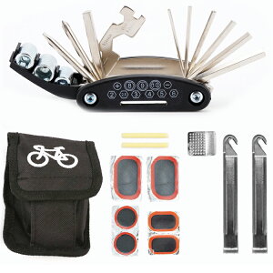 自転車用マルチツール + パンク修理キットセット 多機能自転車工具 各種ドライバー/レンチ/ソケットレンチ 一体型ツール コンパクトサイズ 収納ポーチ付 LST-CYTO315