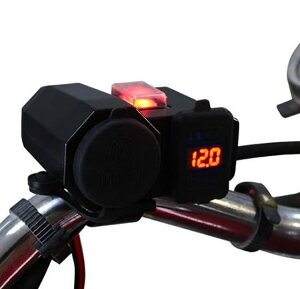 バイク用マルチ電圧計 USBポート2個 2.1A出力 シガーライター シガーコネクタ 12V-24V 防水 防塵 電源スイッチ付き LST-BKSS66