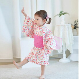 アウトドア ゆかた 花 ベビー こどもゆかた 2点セット 和装 子ども こども 子供服 夏 夏祭り 子供 浴衣 キッズ 花火大会 兵児帯付 兵児帯2点セット 帯セット ひなまつり 浴衣ドレス 女の子 和服 ワンピース 衣装