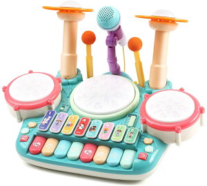 【送料無料】 おもちゃ 5in1楽器玩具 音楽おもちゃ ドラムおもちゃ 4種類ピアノ キーボード 木琴 マイク付き 多機能 音楽 ライト 太鼓 鍵盤楽器 早期開発 知育玩具 誕生日 クリスマスプレゼ