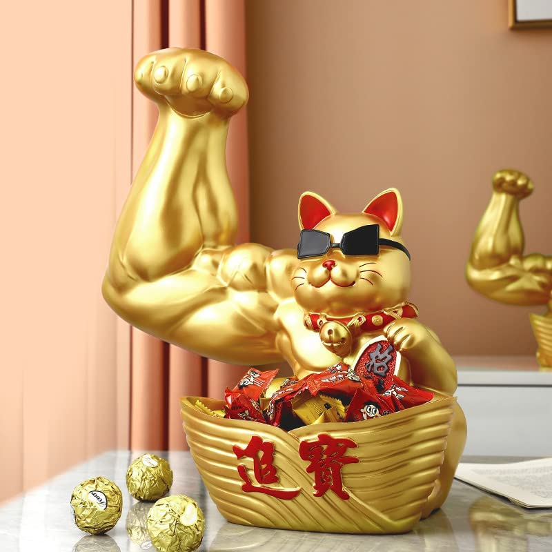 筋肉 招き猫 ラッキー猫 収納ボックス 樹脂装飾 サングラス 個性的 金色 幸運 猫 好運不断 財運 開店祝い 商売繫盛 店 オフェス適用 贈り物 縁起の物 宝鉢を抱く (金色（大きい）)