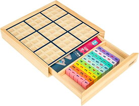 木製 ナンバープレース数独 ナンプレ 引き出し付きボードゲーム (カラフル) - 数学脳ティーザー おもちゃ 教育 卓上 ゲーム トレイン 論理的思考能力