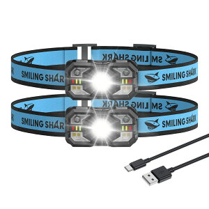 Smiling Shark �[�d�� LED �w�b�h���C�g TD-0168, �y�W���E�U�����[�h1���z���P�x�A�E�g�h�A�w�b�h�����v USB�[�d�\ ���ԃX�g���{ �L�p�Ɩ� 45°�p�x���� ���y�� IPX4 �h���h�o �ő�8���Ԏg�p�\ 
