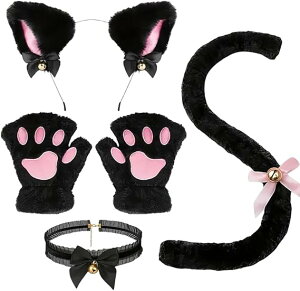 【無料配送】猫 コスプレ 可愛い ハロウィン 仮装 猫耳 カチューシャ チョーカー 首輪 手袋 グローブ しっぽ 尻尾 ブラック ホワイト コスチューム 小物(ブラック)