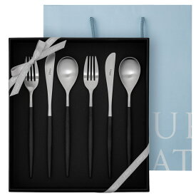 【正規取扱店】 クチポール MIO ディナー 6本 ギフトセット ブラック / シルバー 化粧箱入り 純正リボン掛け 手提げ(紙袋)つき ディナー ナイフ フォーク スプーン 各2本 Cutipol ミオ カトラリー 結婚祝い