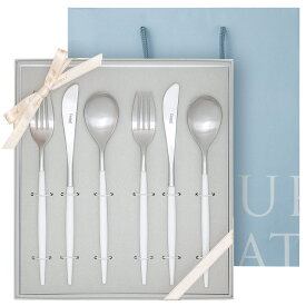 【正規取扱店】 クチポール MIO ディナー 6本 ギフトセット ホワイト / シルバー 化粧箱入り 純正リボン掛け 手提げ(紙袋)つき (ディナー ナイフ フォーク スプーン 各2本) Cutipol ミオ カトラリー 結婚祝い