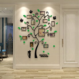 色：ブラック+グリーン サイズ：1.07*1.3m PANCY フォトフレーム 壁掛け 写真フレーム 11枚セット アクリル ウォールステッカー 壁装飾 ねこ 木 シール 立体的(ブラックグリーン,高さ1.3m)