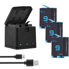 色：黒 Vemico GoPro Hero 9/Hero 10 バッテリー 充電器セット 3*1800mAh ゴープロ予備バッテリー チャージャー Type C USB 収納式充電器セット対応種類 (Gopro Hero9 Black カメラに完全対応)