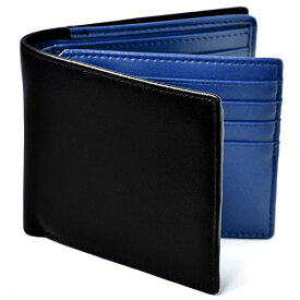 色：ブラック/ブルー [Le sourire] 二つ折り 財布 カード18枚収納 ボックス型小銭入れ 本革 メンズ