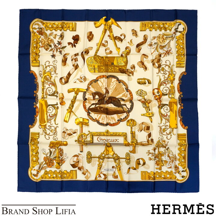 楽天市場】エルメス スカーフ HERMES カレ90 Copeaux オガ屑柄 シルク 