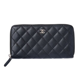 【美品】シャネル 長財布 CHANEL ラウンドファスナー マトラッセ ココマーク キャビアスキン 本革 ブラック シルバー金具 A50097 レディース ブランド【中古】