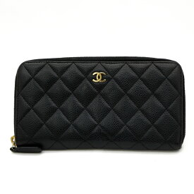 【美品】CHANEL シャネル マトラッセ キャビアスキン ラウンドジップウォレット A50097 ココマーク ブラック ゴールド金具 ギャランティカード付 レディース ブランド【中古】