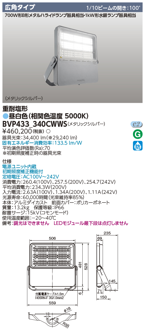 [法人限定] BVP433_340CWWS 東芝 LED 投光器 重耐塩形 広角配光 昼白色 BVP433340CWWS