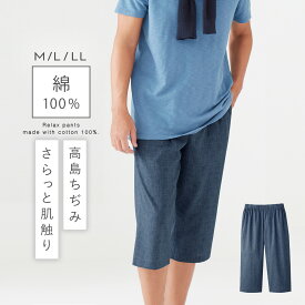 ゆったりステテコ メンズ 綿 コットン 100% ステテコ おしゃれ ハーフパンツ パンツ 高島ちぢみ 男性用 ポケット付 無地 水玉 ドッド ネイビー ブルー 涼しい 通気性 吸水性 ウエスト紐 7部丈 イージーパンツ ウエストゴム ルームウェア 部屋着 軽量 エアパンツ 3L メール便