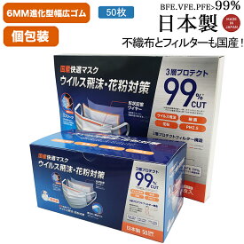 【5点以上送料無料 6点目半額クーポン】マスク 日本製 1枚づつ個包装 不織布 4段オメガプリーツ 6MM幅広ゴム 50枚入り 進化版 国産99％カットフィルター内蔵 白 使い捨て 三層タイプ ウィルス飛沫 花粉対策 風邪対策 快適 クリーン 補助金対象 マスク工業会会員