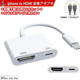 P5倍　2点 iphone hdmi 変換ケーブル 5m HDMケーブル　付き 純正品質 設定不要 lightning HDMI アダプタ 1080PフルHD 高性能チップを採用 給電不要 ライトニング hdmi avアダプタ 音声同期出力 ゲーム遅延なし av/ TV視聴　最新 iOS対応