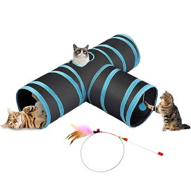 【送料無料】トンネルペット用の おもちゃ トンネル ペット玩具, 猫トンネル ペット用品おもちゃ キャットトンネル 折りたたみ式3つのトンネル 子犬 うさぎ フェレットなど噛むおもちゃ ボールに付き おまけ：猫のいたずら棒 (ブラック)