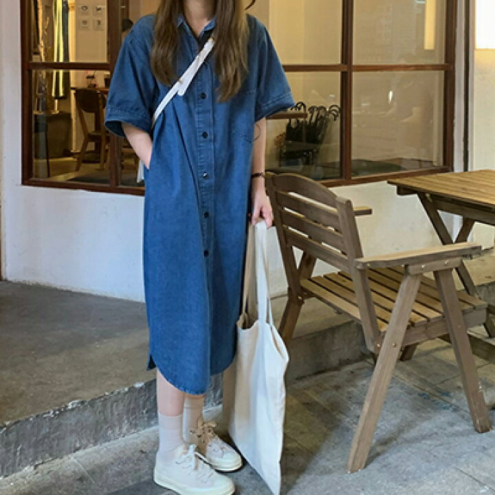 楽天市場 ワンピース カジュアル ロング丈 袖あり デニム レディース ドレス 半袖 シャツワンピ ゆったり インディゴ 春 夏 秋 代 30代 40代 50代 コーデ 前あき ミドル丈 ミモレ丈 二の腕カバー リラックス Like Fashion