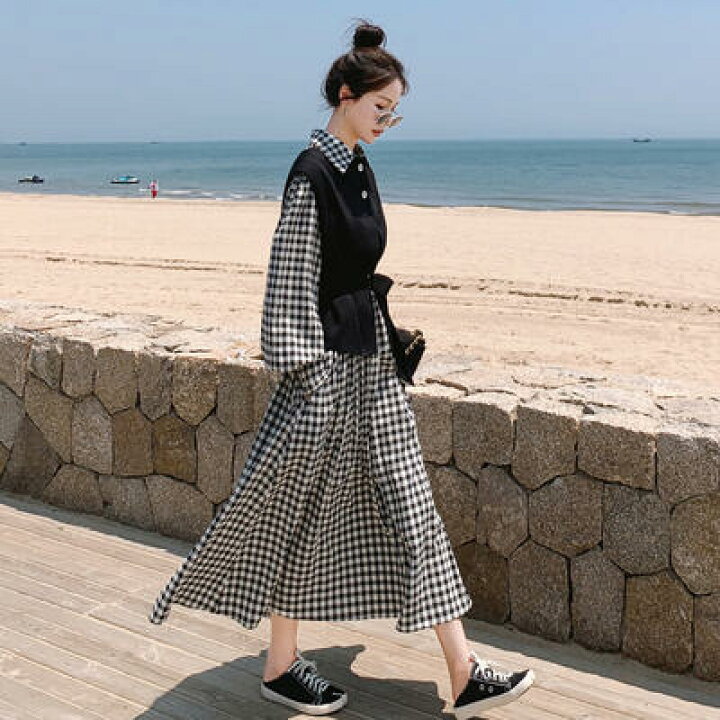 楽天市場 レイヤード ワンピース 2点セット セットアップ レディース ベスト 長袖 ギンガムチェック きれいめ カジュアル シャツワンピ ロング丈 おしゃれ 可愛い フェミニン ワンピ ドレス ブラック 黒 春 秋 冬 代 30代 40代 50代 Like Fashion