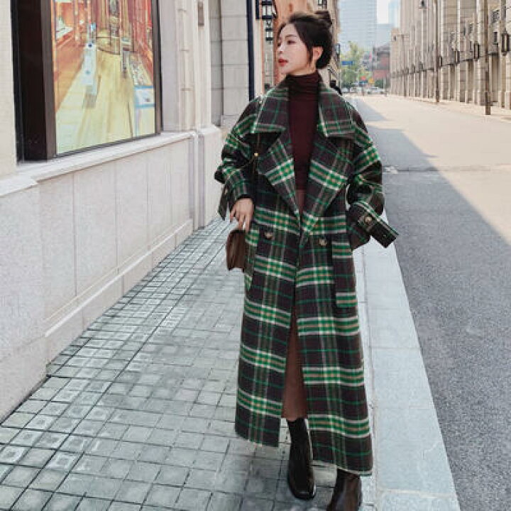 楽天市場 セール 当店p5倍 チェスターコート ロング丈 アウター レディース ロングコート きれいめ カジュアル 長袖 タータンチェック おしゃれ 可愛い かっこいい レトロ ウエストベルト ゆったり 大きいサイズ グリーン 緑 秋 冬 代 30代 40代 50代 Like Fashion