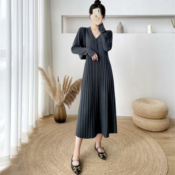楽天市場】ニット ロング ワンピース 春 秋 冬 Vネック Aライン ロング