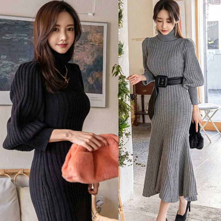 楽天市場 ニット ワンピース ロングワンピ タートルネック パフスリーブ ミモレ丈 きれいめ カジュアル レディース ワンピ ドレス マーメイド ベルト グレー ブラック 黒 春 秋 冬 代 30代 40代 50代 Like Fashion