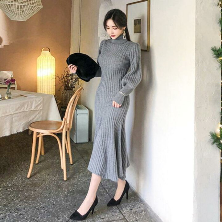 楽天市場】ニット ワンピース ロングワンピ タートルネック 