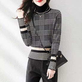 ニット トップス 千鳥格子 チェック タートルネック ハイネック セーター エレガント レディース カジュアル おしゃれ 長袖 きれいめ クラシカル ボーダー 大人可愛い フェミニン ブラック 黒 春 秋 冬 20代 30代 40代 50代