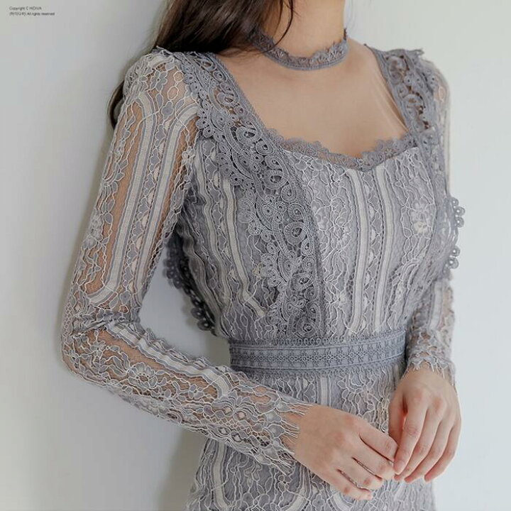 楽天市場 結婚式 ワンピース ロングワンピ 袖あり エレガント レース シアー 花柄 ミモレ丈 きれいめ レディース ドレス 長袖 タイト 透け感 フォーマル セレモニー 発表会 二次会 グレー 春 秋 冬 代 30代 40代 50代 Like Fashion