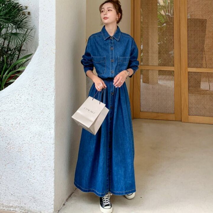 楽天市場 ワンピース デニム ロングワンピ 袖あり ロング丈 ハイウエスト シャツワンピ レディース ワンピ ドレス 長袖 きれいめ カジュアル 大人可愛い Aライン フェミニン おしゃれ シンプル ブルー 青 春 秋 冬 代 30代 40代 50代 Like Fashion