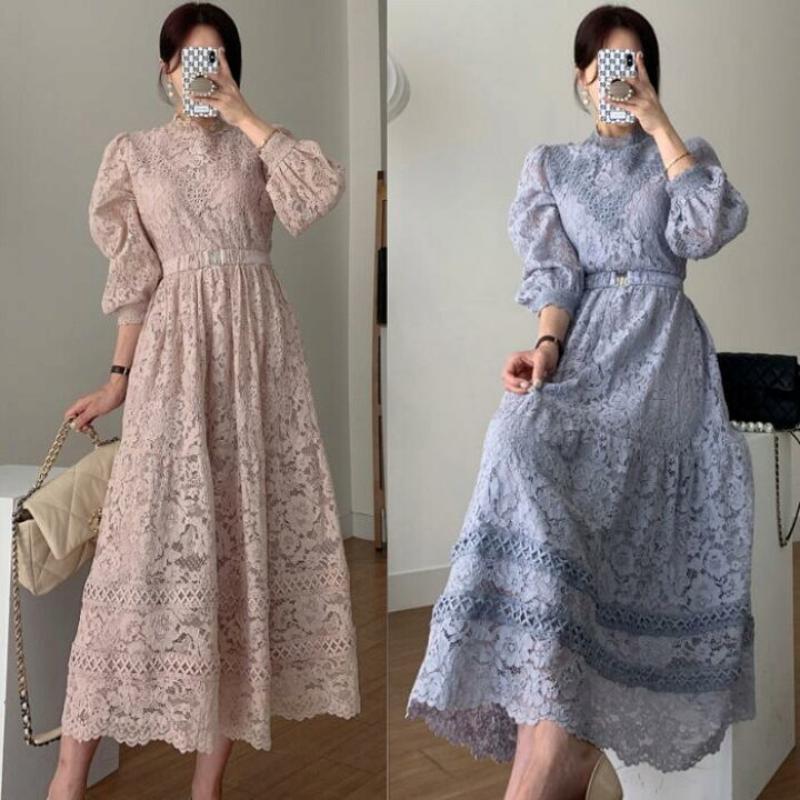 楽天市場】レース ワンピース ロングワンピ スタンドカラー 袖あり  