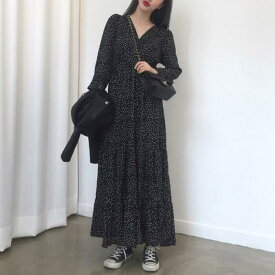 ティアード ワンピース ロングワンピ ドット柄 カシュクール 袖あり 長袖 ロング丈 レディース ワンピ ドレス ハイウエスト 大人可愛い ゆったり Vネック きれいめ カジュアル フェミニン ブラック 黒 春 秋 冬 20代 30代 40代 50代