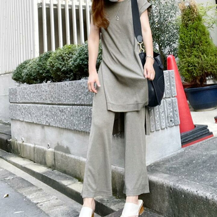 セットアップ 2点セット Tシャツ トップス パンツ 半袖 ロング丈 ワイドパンツ スーツ おしゃれ 大人 可愛い きれいめ カジュアル フェミニン 体型カバー 楽ちん リラックス かっこいい グリーン 緑 春 夏 秋 20代 30代 40代 50代 Like Fashion 半袖 チュニック パンツ セットアップ 2点セット レディース ミセス 婦人服