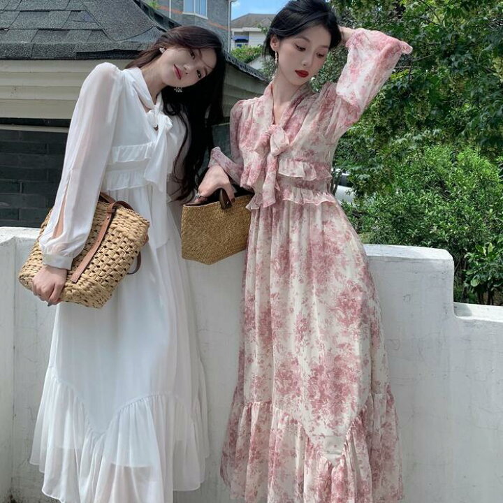 楽天市場】ワンピース ロングワンピ 袖あり ボウタイ リボン 花  