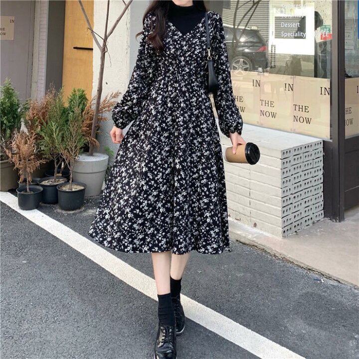 楽天市場】レイヤード風 ワンピース ロングワンピ 袖あり 花柄 