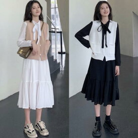 レイヤード セットアップ ワンピース ベスト ニット ボウタイ 袖あり リボン エレガント レディース きれいめ カジュアル ミモレ丈 長袖 おしゃれ 大人 可愛い ワンピ ホワイト 白 ブラック 黒 ベージュ 春 秋 冬 20代 30代 40代 50代