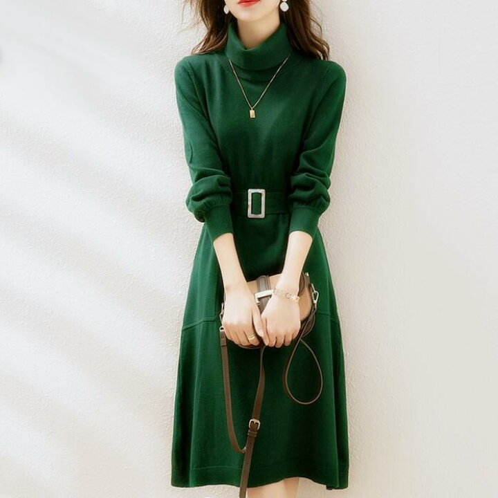 楽天市場】ワンピース ニット 袖あり ワンピ ドレス タートルネック 