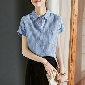 トップス シャツ ブラウス フレンチスリーブ ストライプ エレガント レディース 大人 可愛い 半袖 きれいめ カジュアル フェミニン 上品 シンプル 通勤 オフィス ナチュラル 大きいサイズ 青 ブルー 春 秋 夏 20代 30代 40代 50代
