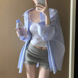 トップス シャツ ブラウス ストライプ エレガント レディース 大人 可愛い きれいめ カジュアル フェミニン 長袖 羽織り おしゃれ オーバーサイズ ビッグシルエット シンプル ゆったり 爽やか 韓国 ブルー 青 春 秋 夏 20代 30代 40代 50代