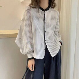 トップス シャツ ブラウス レディース きれいめ カジュアル 大人可愛い 春 秋 冬 長袖 羽織り ストライプ バンドカラー パフスリーブ ホワイト 白 20代 30代 40代 50代 M L XL 2XL 3XL