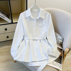 トップス シャツ ブラウス レディース きれいめ カジュアル 大人可愛い 春 秋 冬 長袖 ストライプ ウエストベルト チュニック ブルー 青 ホワイト 白 20代 30代 40代 50代 S M L XL 2XL