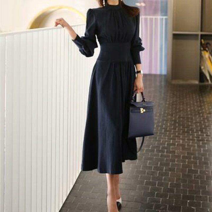 楽天市場 ワンピース ロング カジュアル おしゃれ きれいめ 袖あり ロング丈 ミモレ丈 エレガント 長袖 レディース ワンピ ドレス パフスリーブ フレアスカート オフィス お呼ばれ ネイビー 紺 春 夏 秋 代 30代 40代 50代 Like Fashion