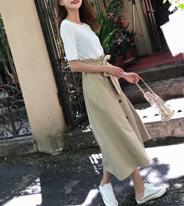 楽天市場 送料無料 18 春夏 レディース 2color Tシャツ ドッキング 前ボタン スリット入り ワンピース 韓国系 ファッション お嬢様 きちんと感 トレンチ風 秋頃まで着れる優秀ワンピ Lachic