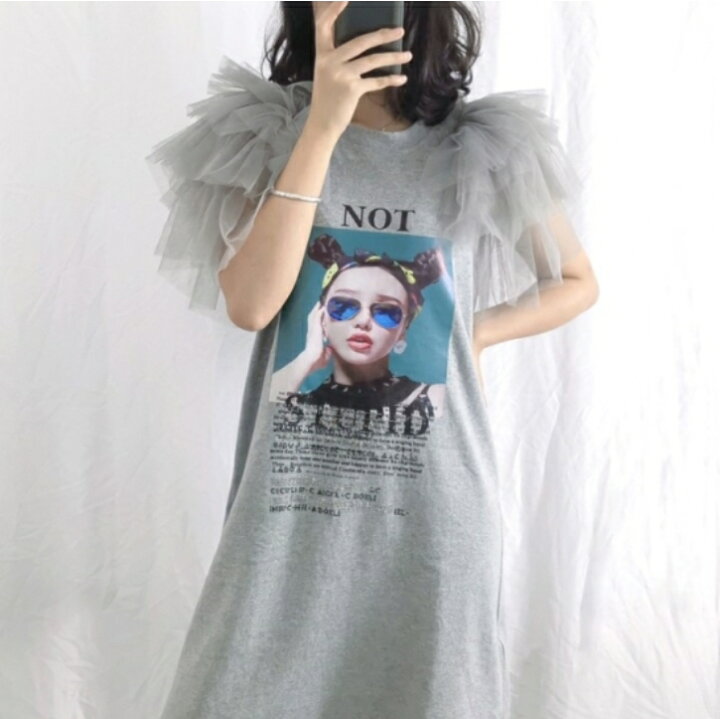 楽天市場】【送料無料】 チュール袖 プリント TEE ワンピース Tシャツ 