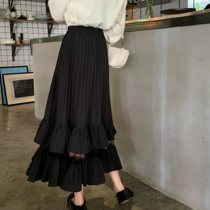 楽天市場 年 新作 春夏 2color シースルー ティアード フリル 2段 スカート ロングスカート ティアードスカート ミモレ丈スカート ミモレ丈 ロング丈 かわいい フリルスカート フレア 透け素材 かわいいコーデ Lachic