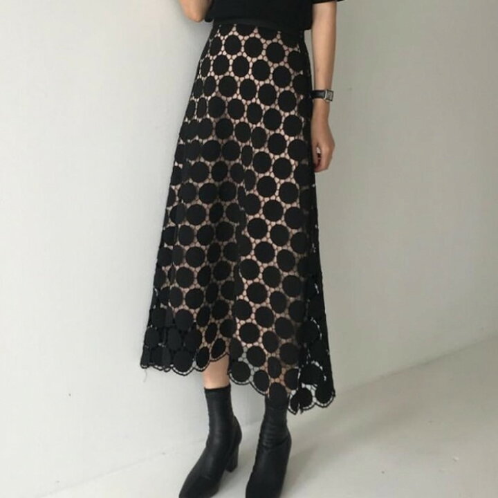 楽天市場 年 新作 春夏 2color レース ビッグドット フレア ロング スカート ボトム シースルー ロング丈 ロングスカート 水玉 上品 きれい キレイ目コーデ お出掛け フレアスカート お嬢様 コンサバ 春 夏 Lachic