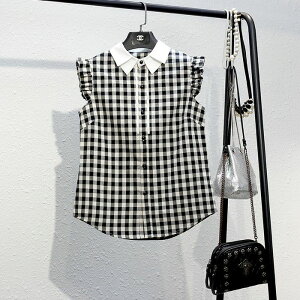 【送料無料】予約 チェック ダブルカラー トップス フリル袖 レディース 春 夏 ノースリーブ 黒 白 シャツ 韓国 カジュアル おしゃれ ギンガムチェック 大人 プチプラ 肩だし 可愛い トレン