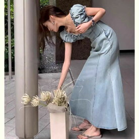 【送料無料】2024 SS 新作 Denim ギャザー ロング ワンピース