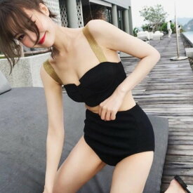 【送料無料】 Goldショルダー デザインチェスト シンプル Black ハイウエスト ビキニ スイムウェア